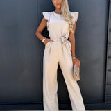 Flutter Sleeve Wide Leg Jumpsuit with Waist Tie