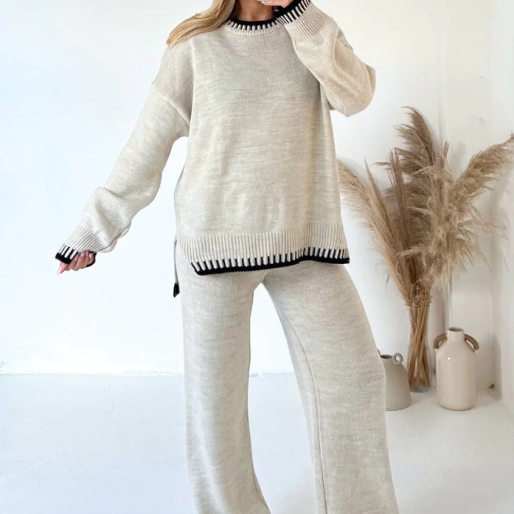 Contrast Trim Knit Set with Oversized Sweater and Wide Leg Pants