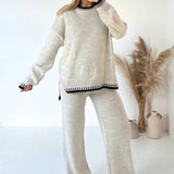 Contrast Trim Knit Set with Oversized Sweater and Wide Leg Pants