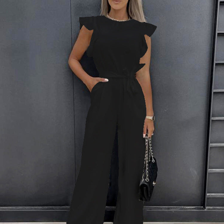 Flutter Sleeve Wide Leg Jumpsuit with Waist Tie
