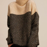 Chevron Pattern High Neck Knit Sweater with Relaxed Fit