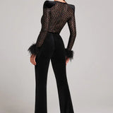 Long Sleeve Lace Jumpsuit with Feather Cuff Detail
