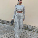 Sequin Crop Top and Wide Leg Pants Evening Set