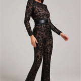 Long Sleeve Lace Sequin Jumpsuit with Structured Waist