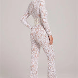 Long Sleeve Lace Sequin Jumpsuit with Structured Waist