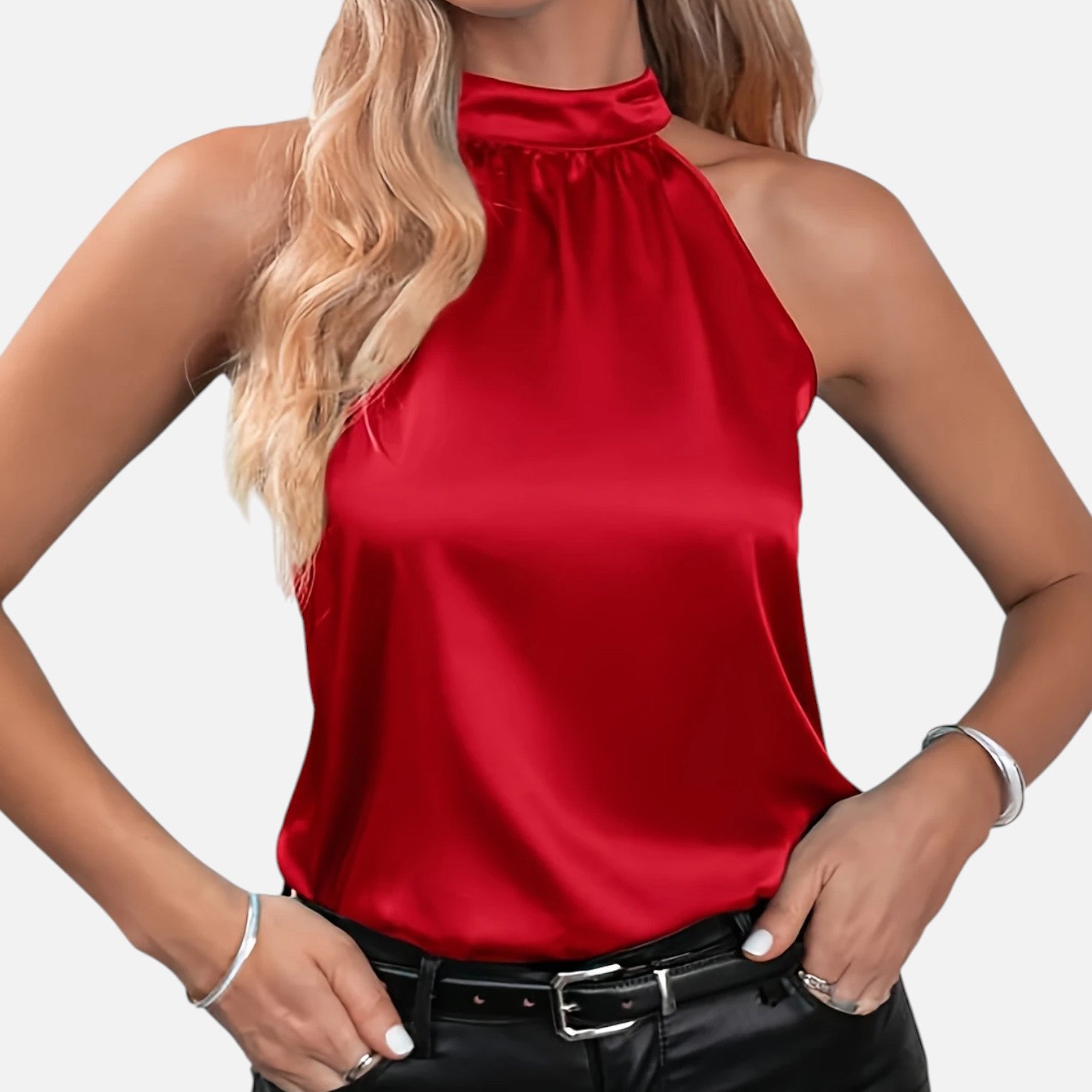 Satin Halter Neck Sleeveless Top with Draped Fit