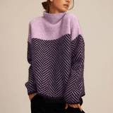 Chevron Pattern High Neck Knit Sweater with Relaxed Fit