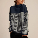 Chevron Pattern High Neck Knit Sweater with Relaxed Fit