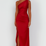 One Shoulder Evening Gown with Draped Fit and High Slit