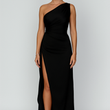 One Shoulder Evening Gown with Draped Fit and High Slit